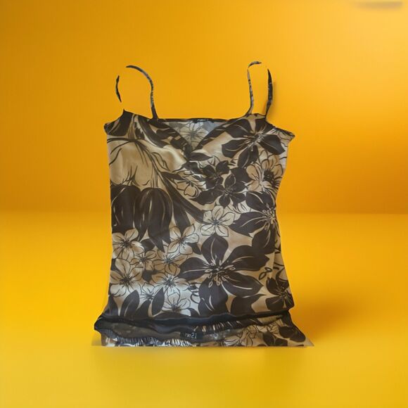 Rue 21 Silky Pajama Set. Beige & Brown Floral. Tank Top w/ Shorts Small - Picture 3 of 14